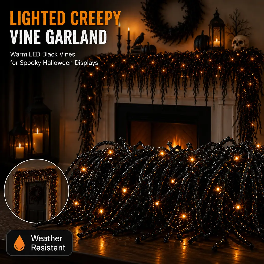 Halloween Lighted Creepy Vine Garland Faux Black Garland for Mantle | Waterproof Spooky Halloween Indoor Decor with Lights Gothic Hanging Vine Twigs Party Decoration Banister
