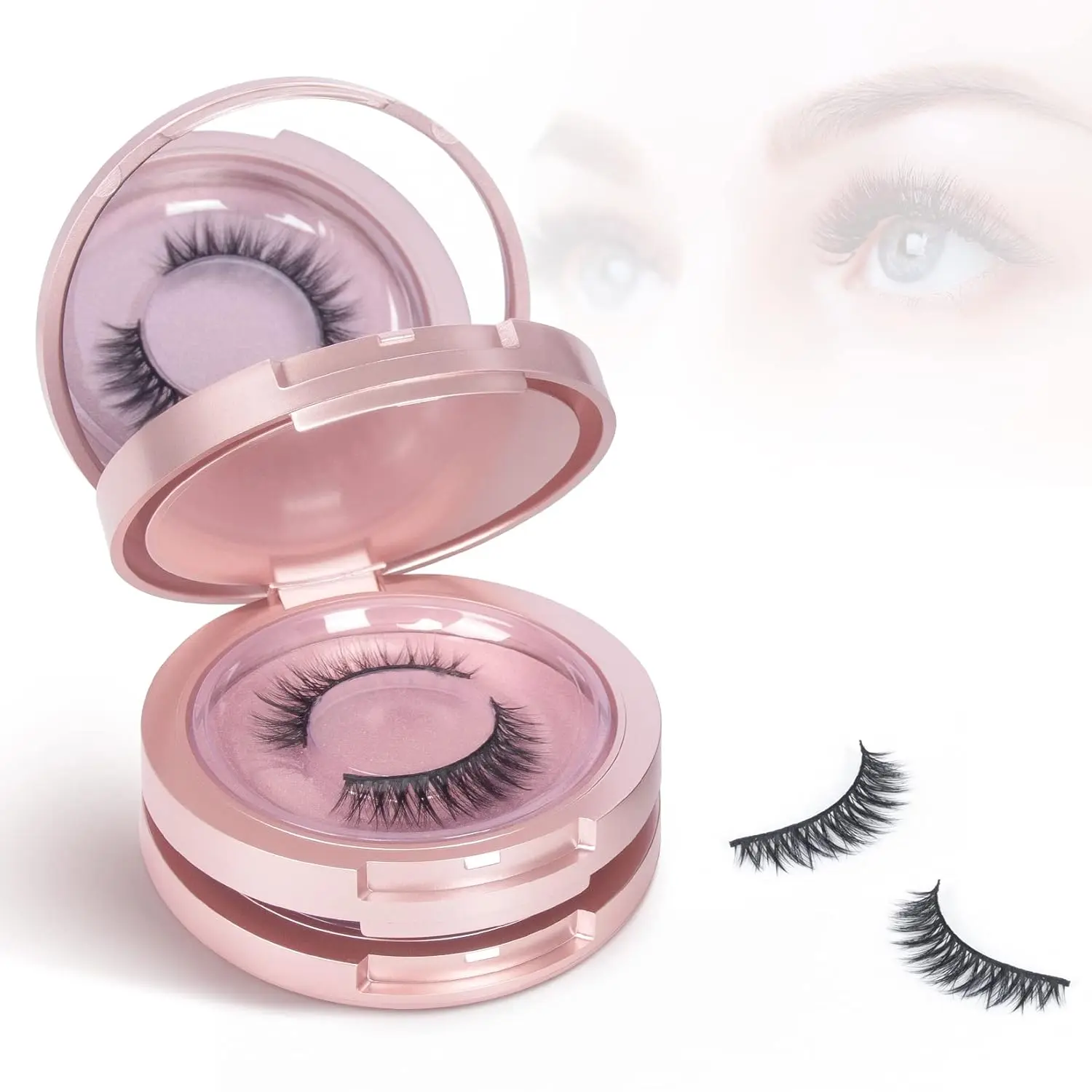 3 Layers Circle Eyelash Box with Mirror, Empty Eyelash Storage Case Organizers Travel Lash Case with Lash Holder for  (Rose )