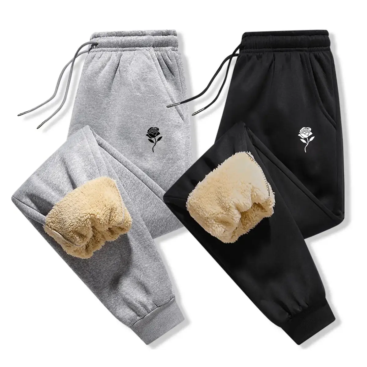 Men's Fitted Sweatpants with Floral Print, Cozy Fleece-Lined Winter Streetwear Bottoms with an Elastic Waistband, Elastic Sweatpants, Leisure Sweatpants