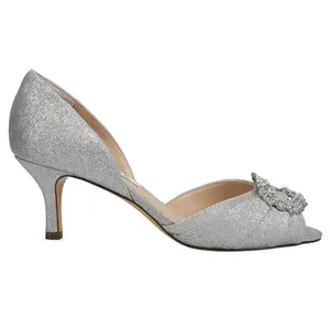 Nina Womens Corrine Metallic Rhinestone Peep Toe Evening Pumps Dress Casual Mid Heel 2-3" - Silver