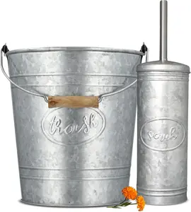 Autumn Alley Galvanized Label Line Rustic Trash Pail & Toilet Brush Set - 7L Wooden Handle Metal Trash Can with Coordinating Toilet Brush - Farmhouse Bathroom Accessory
