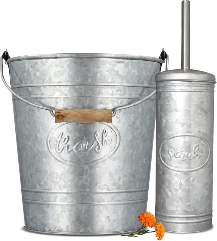 Rustic Garbage Pail Autumn Alley Galvanized Label Line Rustic Trash Pail & Toilet Brush Set ...