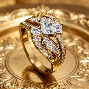 Luxury Golden-Plated Statement Engagement Ring for Women, Elegant Bridal Promise Band with Princess-Cut Zirconia, Versatile Jewelry for Daily & Special Occasions, Ideal Gift for Her