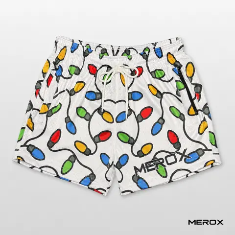 MEROX Christmas Lights 5-Inch Mesh Shorts, Unisex Holiday Gym Shorts for Men and Women, Breathable Workout Shorts with Zipper Pockets, No Liner, Adjustable Drawstring, White Multicolor Print