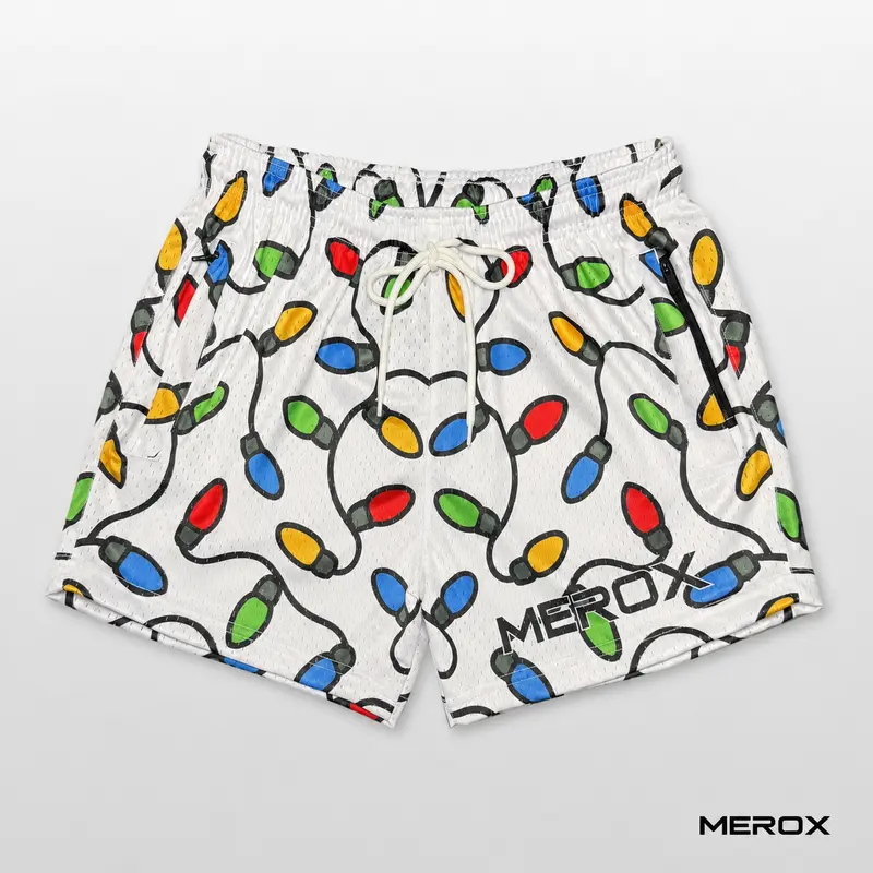 MEROX Christmas Lights 5-Inch Mesh Shorts, Unisex Holiday Gym Shorts for Men and Women, Breathable Workout Shorts with Zipper Pockets, No Liner, Adjustable Drawstring, White Multicolor Print