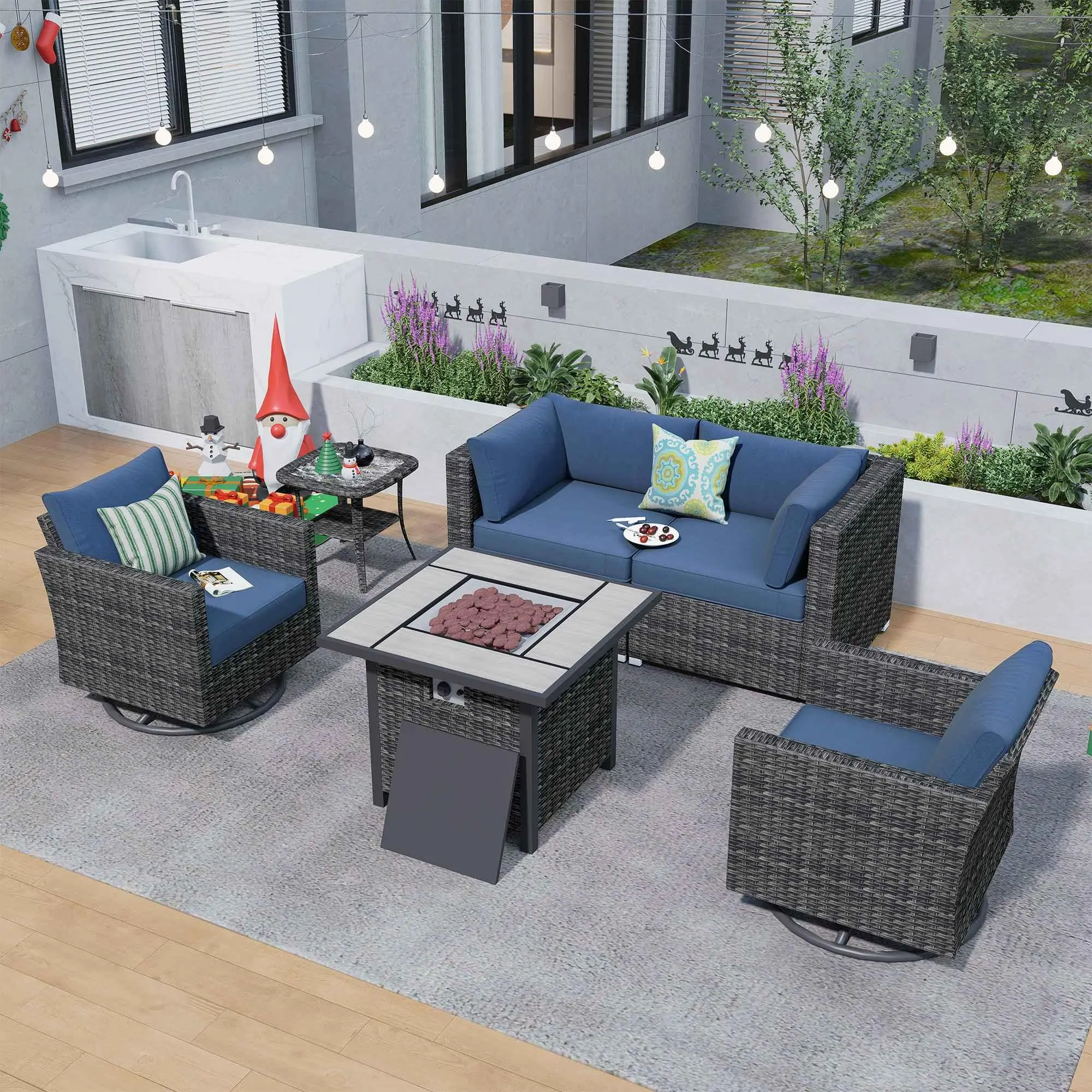 【Summerfinds】Ovios Patio Furniture Set 6-Piece Outdoor Sectional Sofa Set with Cushions, Wicker Rocking Swivel Chair & 30'' Fire Pit Table, All-Weather Conversation Set for Backyard Garden Deck Patio Balcony