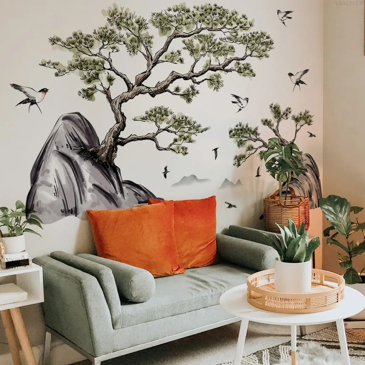 Set of 3 Hand-Painted Ink Landscape Wall Stickers (30x90cm), Home Decor for Living Room & Bedroom, Elegant Background Decoration
