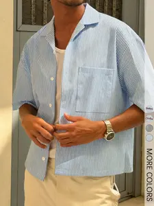 Men's Blue White Striped Short Sleeve Shirt, Casual Button Down Shirt, Loose Fit Summer Top For Daily Streetwear