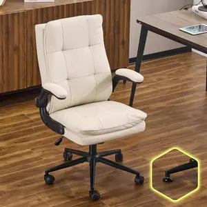 Karlhome  Comfy Beige Leather Office Desk Chair, High-Back Support Ergonomic Computer Task Gaming Chair,with Removable wheels,360° Swivel,Adjustable Height,Flip-Up Arms,for Adults,Teen,Vanity,Home Office