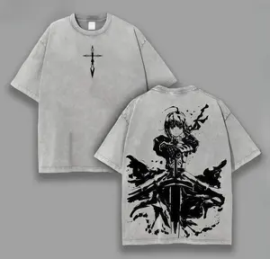 valentine shirts Saber Fate Anime Anime Double Printed Oversized Lightweight Acid Washed Graphic Tee Men Top Cotton Streetwear T-Shirt Gift For Anime Fans