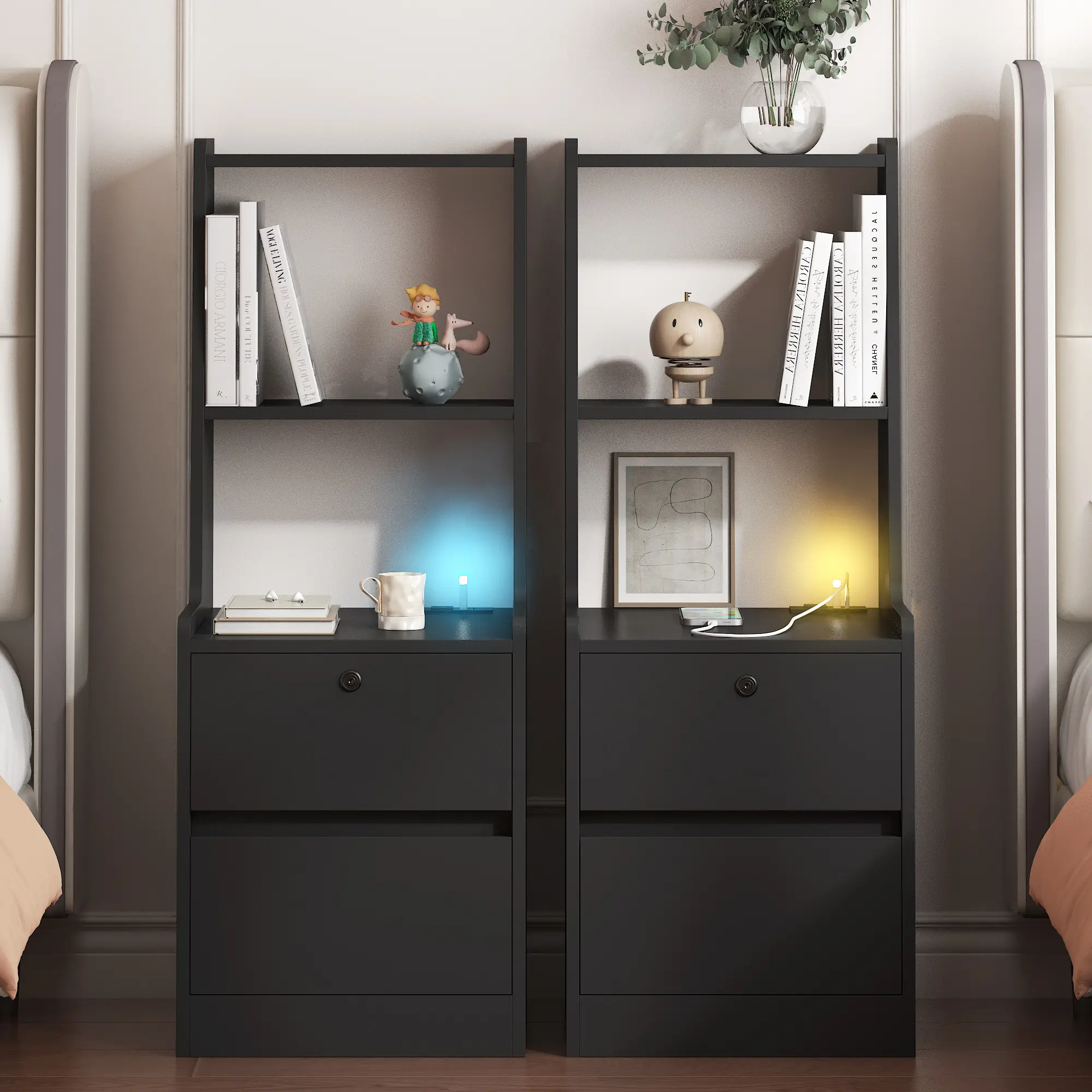 Nightstands Set of 2 with Charging Station, Smart Bedside Table with Voice-Controlled Night Light & Lockable Storage Cabinet, Modern End Tables with Bookshelf for Bedroom