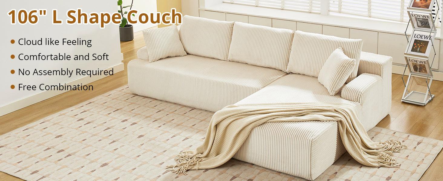 【GARVEE】Discover the 106" Modular Sectional Sofa: a luxurious L-shaped couch featuring a chaise lounge and convertible compression sleeper, crafted from soft corduroy fabric, perfect for any living room or bedroom.