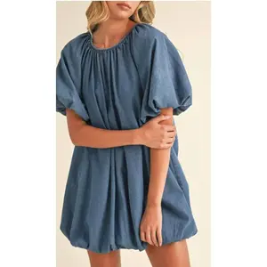 Oakley Denim Puff Sleeve Bubble Mini Dress