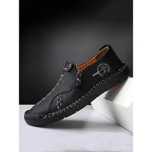Men's Retro Fashionable Zipper Side Design Pu Leather Casual Shoes, Casual Comfortable Black Non-slip Wear-resistant Shoes for Daily Wear, Trendy All-match Shoes for Men, Boy(Sheets)