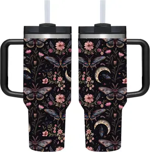 40oz Gothic Moth & Moon Floral Stainless Steel Insulated Tumbler with Handle - Stainless Vacuum Flask Travel Cup for Hot & Cold Drinks, Witchy Dark Academia Gift, Stainless Vacuum Flasks