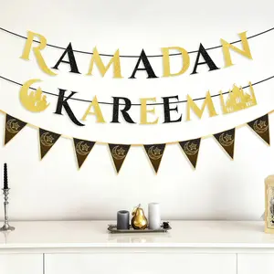 Ramadan Kareem Banner Decor, & Glitter, Party Decorations Banners, Mubarak Party Garland, Moon Star Bunting, Eid Al Fitr Home Wall Hangings