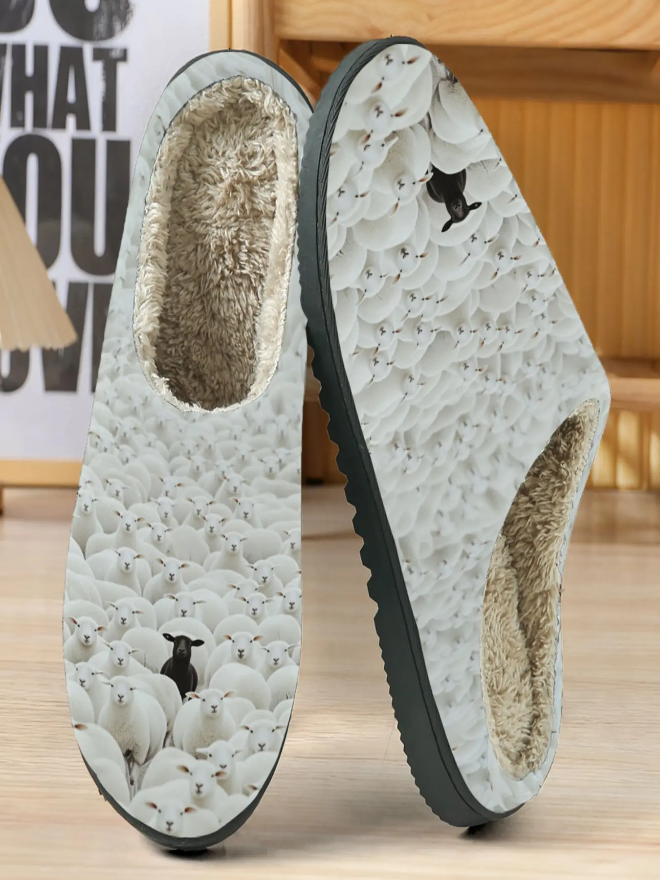 Creative Sheep Cotton Slippers, Unique Design with Sheep Background, Soft Plush Lining, Casual Home Wear for Fall & Winter, Fluffy Home Slippers