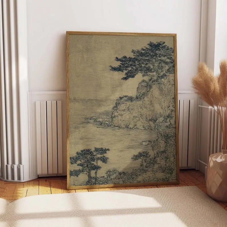 [Sale Up To 50%][No frame, Free Ship] Vintage Japanese Sketch Print, Antique Nature Landscape Poster, Minimalist Coastal Poster, Moody Wall Art, Rustic Farmhouse Decor