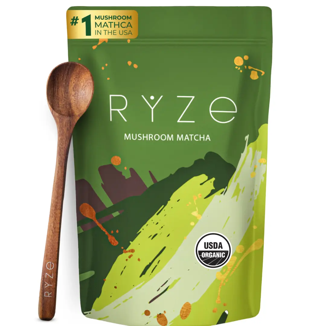 RYZE Mushroom Matcha, USDA Organic with 6 Adaptogenic Mushrooms and Ceremonial-Grade Japanese Matcha for Energy, Focus, Digestion, Immunity with Turke