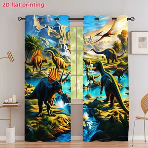 2D Flat 2Pcs Jurassic Dinosaur World Landscape Art Print, Ancient Creature Giant Lizard Volcano Waterfall Scene, Grommet Top Window Drapes, Semi Sunshade, For Living Room Bedroom Office Study Decor, Anti Privacy
