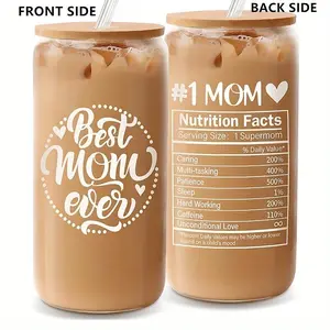 Best Mom Glass Cup Coffee Water Bottle, Bamboo Lid and Straw, Mother's Day Gift, Birthday Present, Christmas Valentine's Day