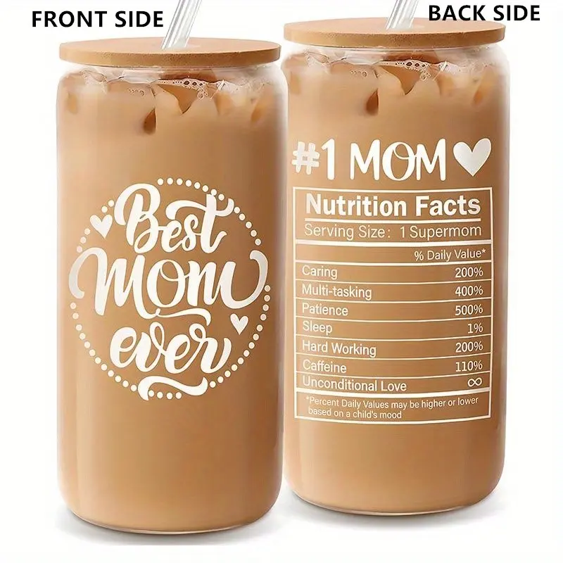 Best Mom Glass Cup With Lid And Straw Coffee Reusable Water Bottle, Drinkware Tumbler, Bamboo Lid and Straw, Mother's Day Gift, Birthday Present, Christmas Valentine's Day