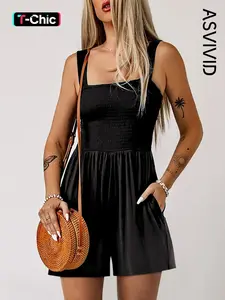 Women's Plain Pocket Shirred Short Tank Romper, Fashion Casual Square Neck Sleeveless Romper for Daily Outdoor Wear, Summer Outfits 2024, Ladies Clothes for Summer