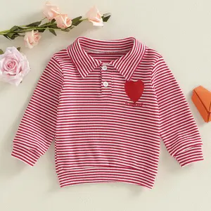 Baby Kids Sweatshirt, Long Sleeve Turn-down Collar Striped Embroidery Heart Hoodie Tops for Valentine Day