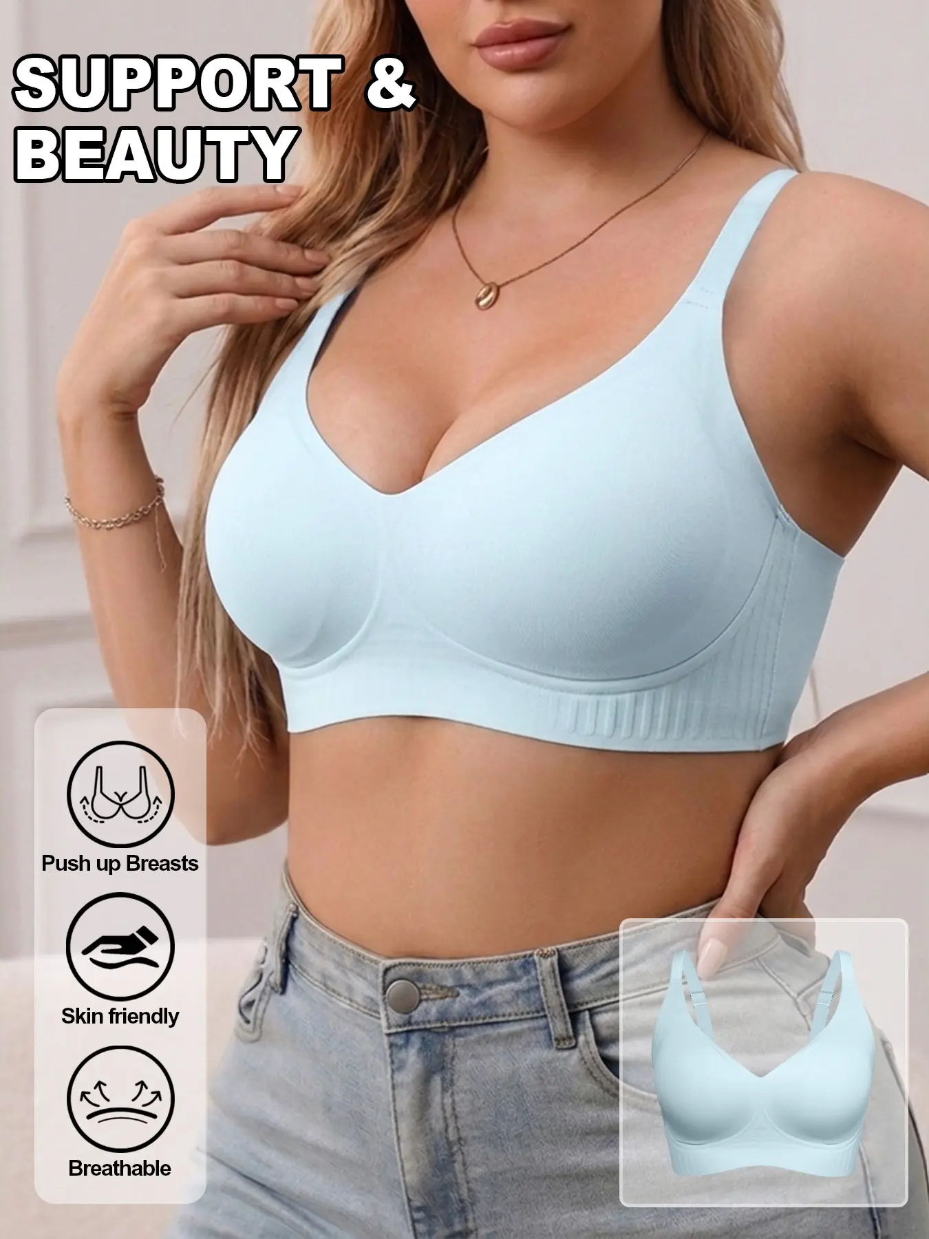 Sexy Solid Color Push-Up V-Neck Bra, Seamless Padded Design, Comfortable Everyday Wear, Breathable, Plus Size Women's Bras, No Underwire
