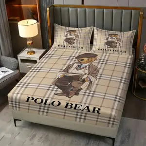 Cute Plush Bear Fitted Sheet Set (3-Piece, 1 Fitted Sheet + 2 Pillowcases, No Inserts), Bed Sheets Set, Plaid Bear Print, Soft Microfiber with Deep Pockets, Retro Style Bedroom Decor, Ideal Gift for Kids