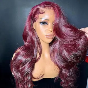 180 Density 99J Colored Body Wave Human Hair Wig 13x4 HD Lace Front Wig Red Wine Colored with Baby Hair Brazilian Hair For Women