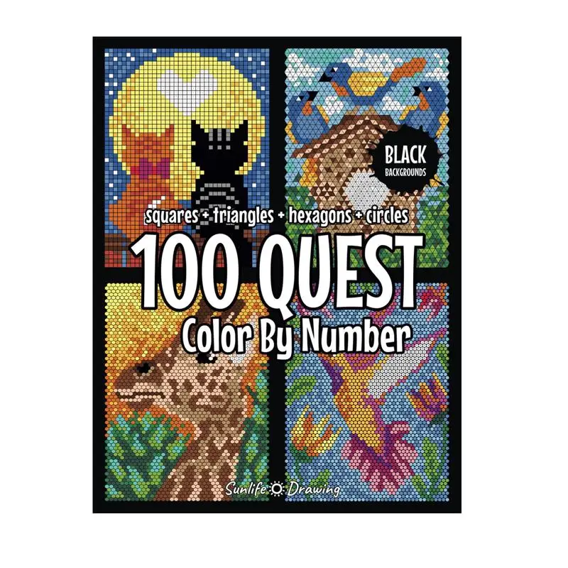100 QUEST Color By Number: Squares + Triangles + Hexagons + Circles (BLACK backgrounds): color quest activity book for adults Best Mother's Day gifts
