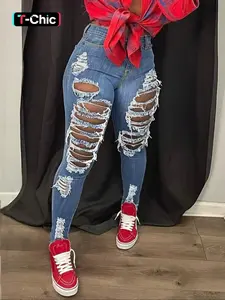 【Plus Size】 Solid Ripped High Waist Distressed Skinny Jeans, Casual Comfy Button Fly Pocket Design Denim Pants for Daily Wear, Women's Bottoms for All Seasons
