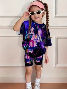 Cartoon Suit Set for Women, Spring Summer Casual, Asymmetrical Design, Short Sleeve Crop Top & Shorts, Natural Waist, Everyday