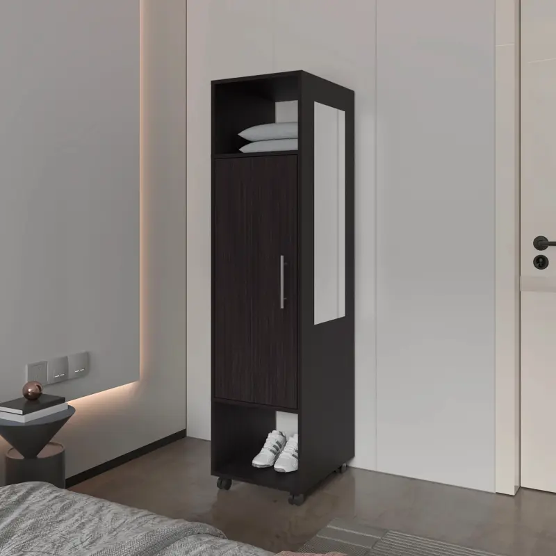 Black 1-Door Wardrobe with Mirror and Open Storage