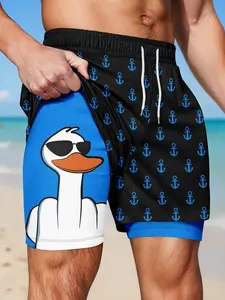 Men's Two-In-One Lined Shorts, Anchor Cool Duck Print, Drawstring Waist, Casual Sports Running Daily Wear, Loose-Fitting, All Seasons, Cartoon Graphic Shorts