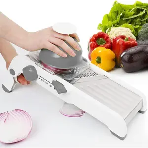 Large Mandoline Slicer for Kitchen - Professional Stainless Steel Onion Slicer & Cabbage Shredder, Integrated 2-in-1  for Waffle & Smooth Cuts, Safety Hand Guard Included (Gray)