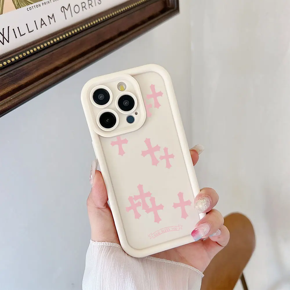 Phone Case for iPhone 17 Pro Max, Air 16, 15 Plus, 14, 13, 12 Pro, 11, X, XS MAX | Pink Cross “God Bless You” Coquette Christian Fashion Gift | Full Body Protection Shockproof Soft Silicone Cover, Cellphone Protective Durable Casing