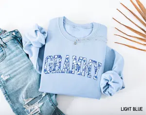 Toile Grammy Adult Sweatshirt - Light Blue Unisex Crewneck with Floral Varsity Design Comfortable Everyday Wear - Gift for Mothers Day