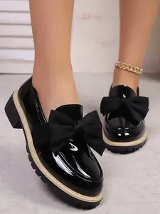 Women's Plaid Round-Toe Loafers, Glossy Painted Leather Thick Sole Single Shoe, Versatile Jk Uniform Style Footwear, Bowknot Design Loafers