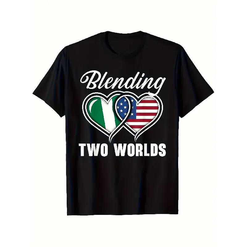 Men's 100% Cotton Vintage Graphic Streetwear Short-Sleeve Top - Nigerian-American Dual Heritage Casual Shirt, USA-Nigeria Flag Hearts, Igbo-Hausa-Yoruba Script, Durable Soft Breathable Plus Size Black Crewneck