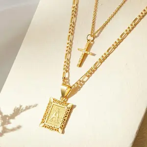Cross Border Double-Layer Letter Square Cross, Pendant Necklace With Overlapping Straps Set, Suitable For Daily Wear