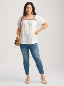 【Summer Turn-Up】BlOOMCHIC Plus Size Women's Square Neck Eyelet Trim Floral Embroidered Lantern Sleeve Woven Lace Top - Optic White, Nude Pink - Basic Minimalist Boho Breathable Casual [M-6X] 2026 Summer Pick for Mother's Day