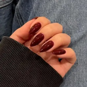 Kqueenest 48 Pcs Dark Red Press on Nails Almond Medium Length, Press on Burgundy Nails, Solid Color Medium Fake Nails Acrylic, Stiletto Nails Glue On, Gel Stick on Nails for Women Finger Decoration KQueenest