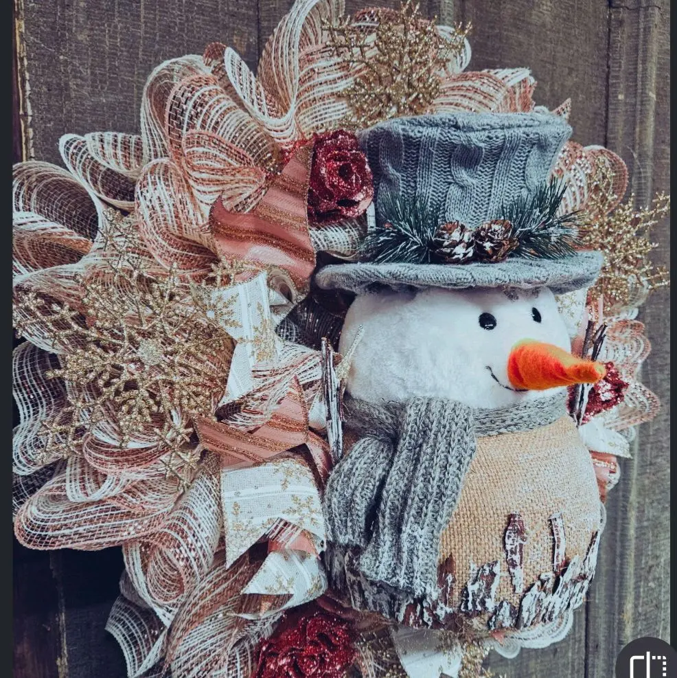 Gold and Rose Gold Snowman Wreath with Gold Snowflakes for Winter Season