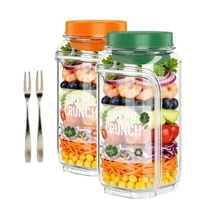 [SummerVibes]Side Opening Salad Jar + 1000ml Portable Salad Container + Leakproof Dressing Cup + Meal Prep Lunch Jar + Office Gym Travel Picnic