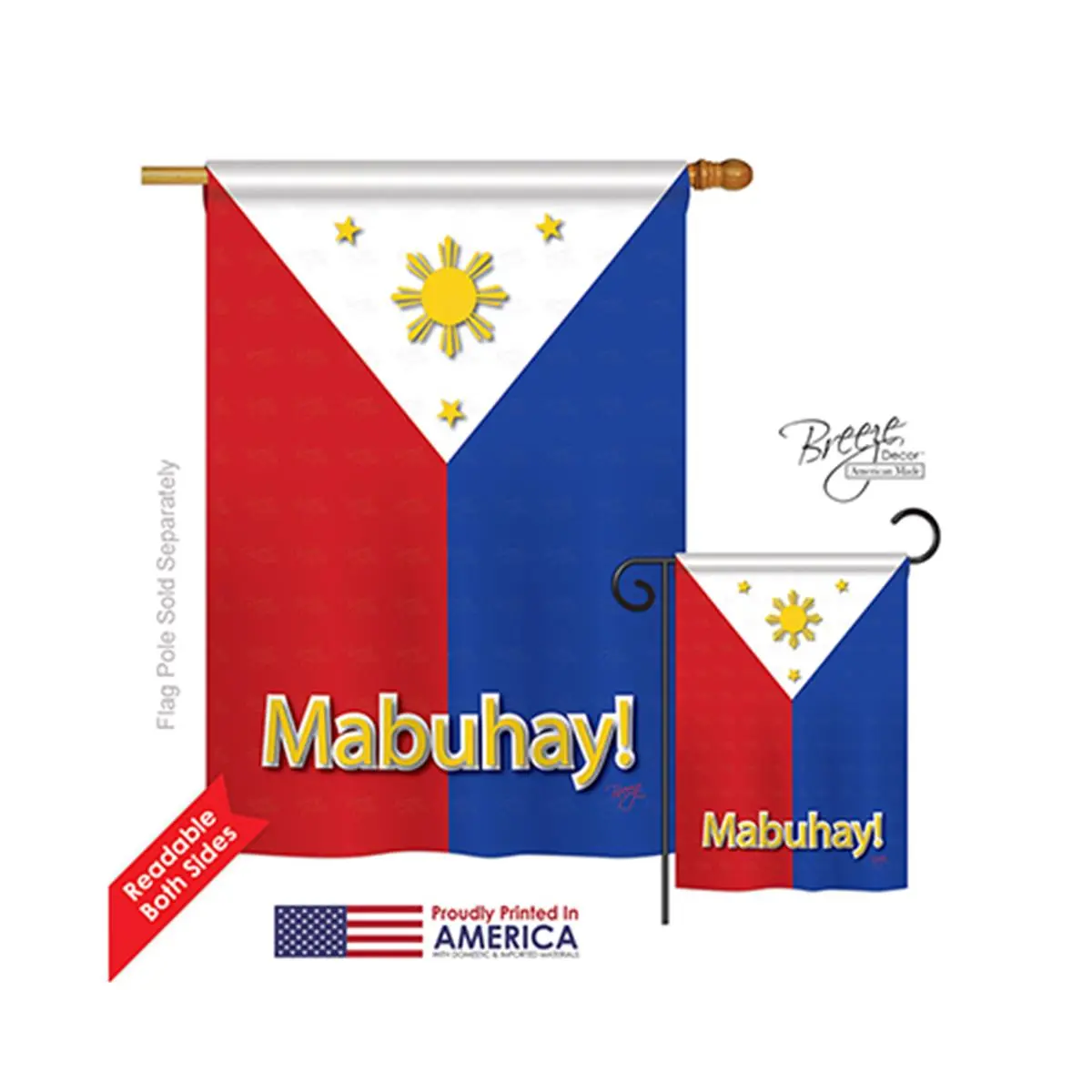 Breeze Decor 08097 Rectangular Outdoor Polyester Double-Sided Philippines House Flag - 28x40 in, Vertical Hang, UV Resistant, Original Artwork, Pole Mount, Impression Art