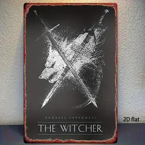 The Witcher Vintage Metal Sign, 1 Count Wolf & Sword Pattern Wall Art, Wall Decor for Home, Bar, Garage, Club, Restaurant and Coffee Shop