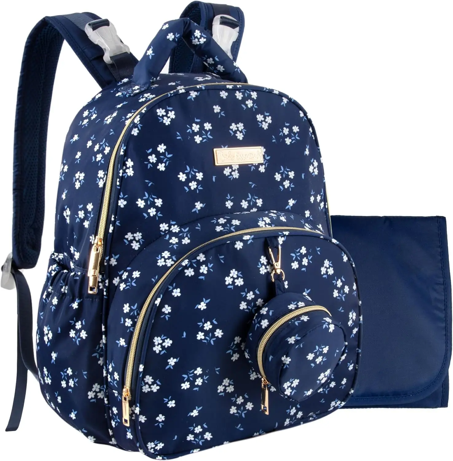 Baby Essentials Diaper Bag Backpack for Newborns, Infants, Toddlers (Matching Changing Pad, Pacifier Pouch, Insulated Bottle Pockets, Stroller Straps) Navy Blue Floral