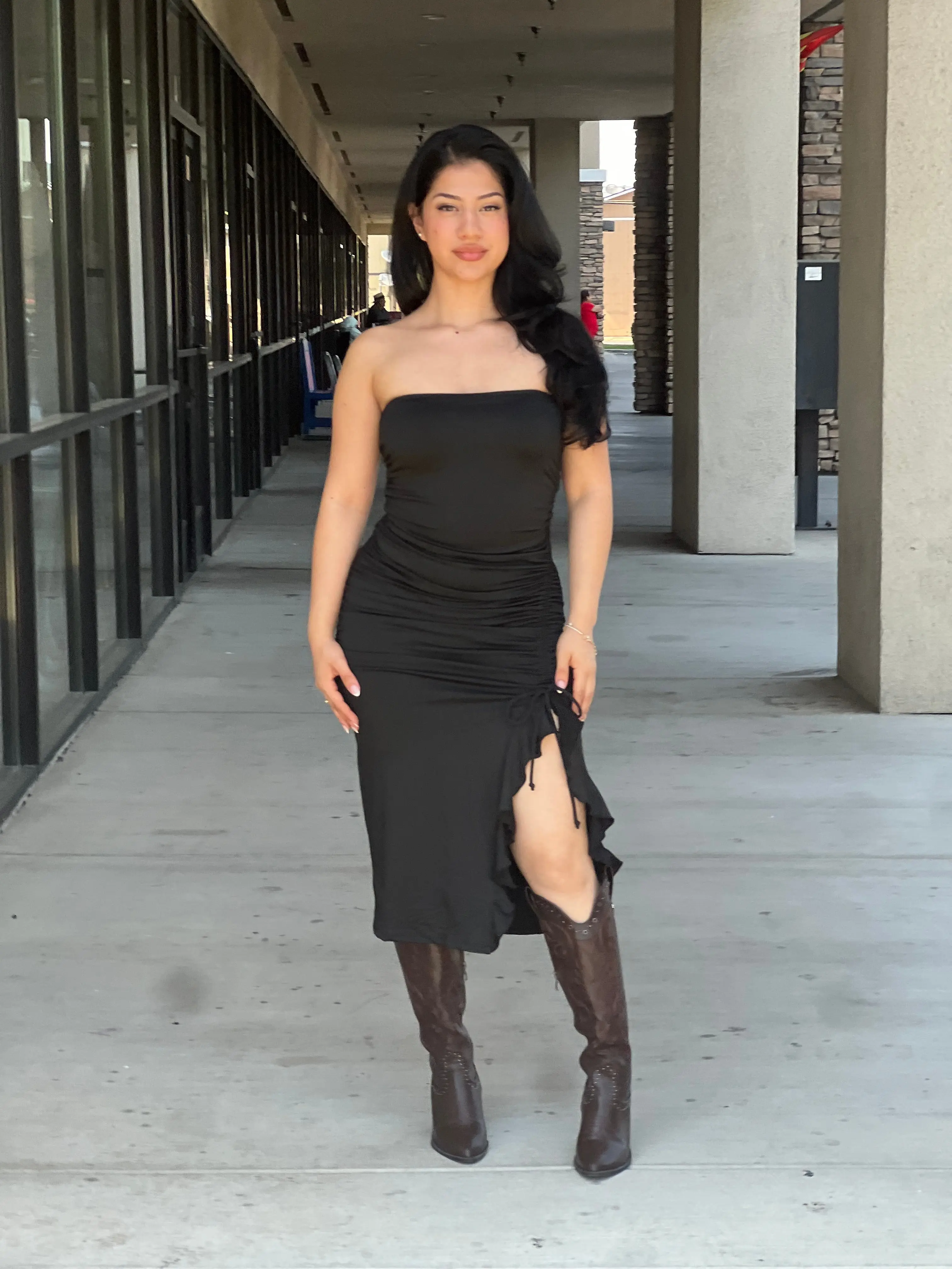 Strapless high ruffle slit dress